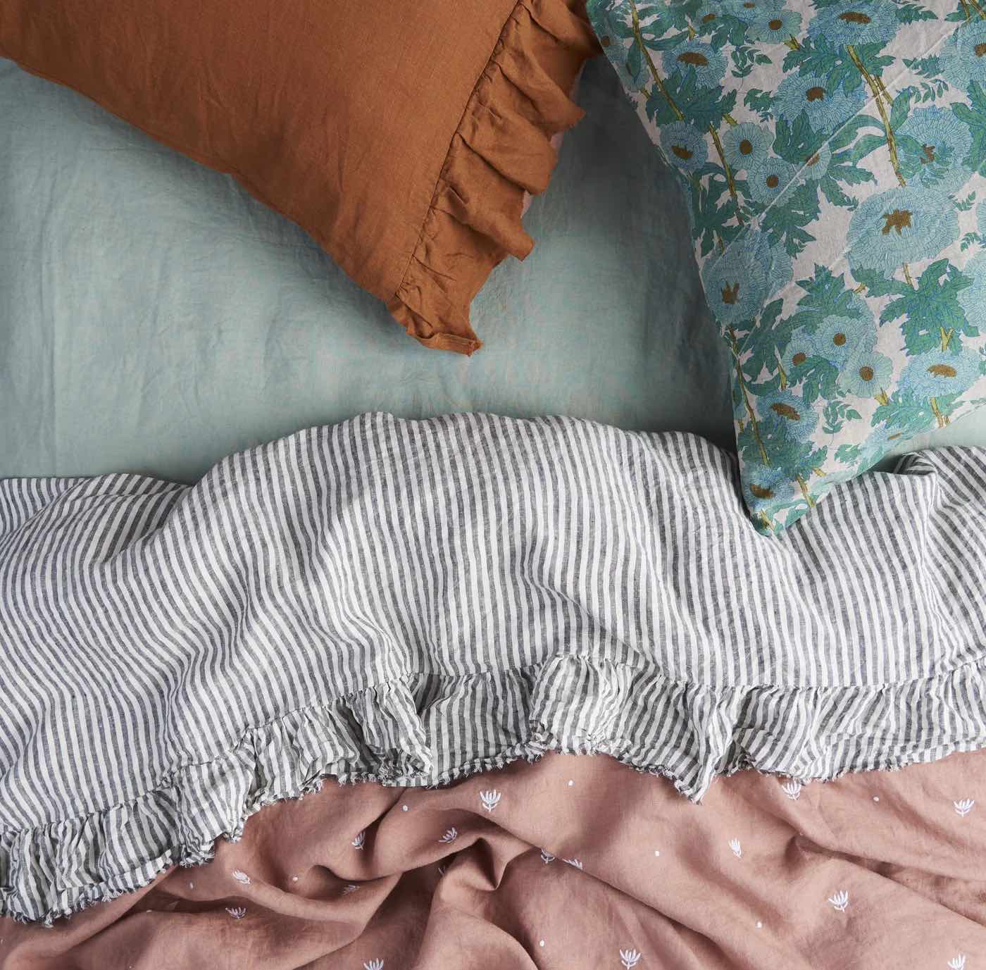Charcoal Stripe Ruffle Flat Sheet